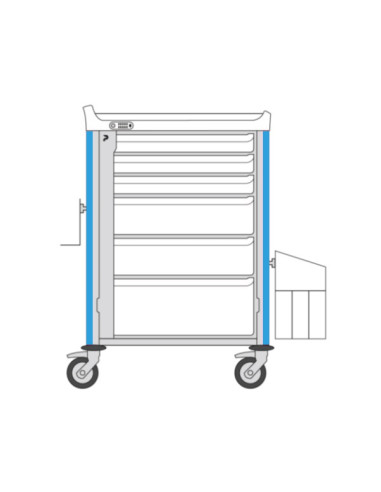 Neop 600x400 nursing trolley 6 attached drawers-sky blue, drawers: 3H75-2H155-1H235,needle collector holder,simp trash